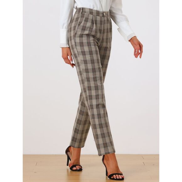 Plaid Pants Elastic Waist Casual Work Office Long Trousers Beige Black - Picture 2 of 5